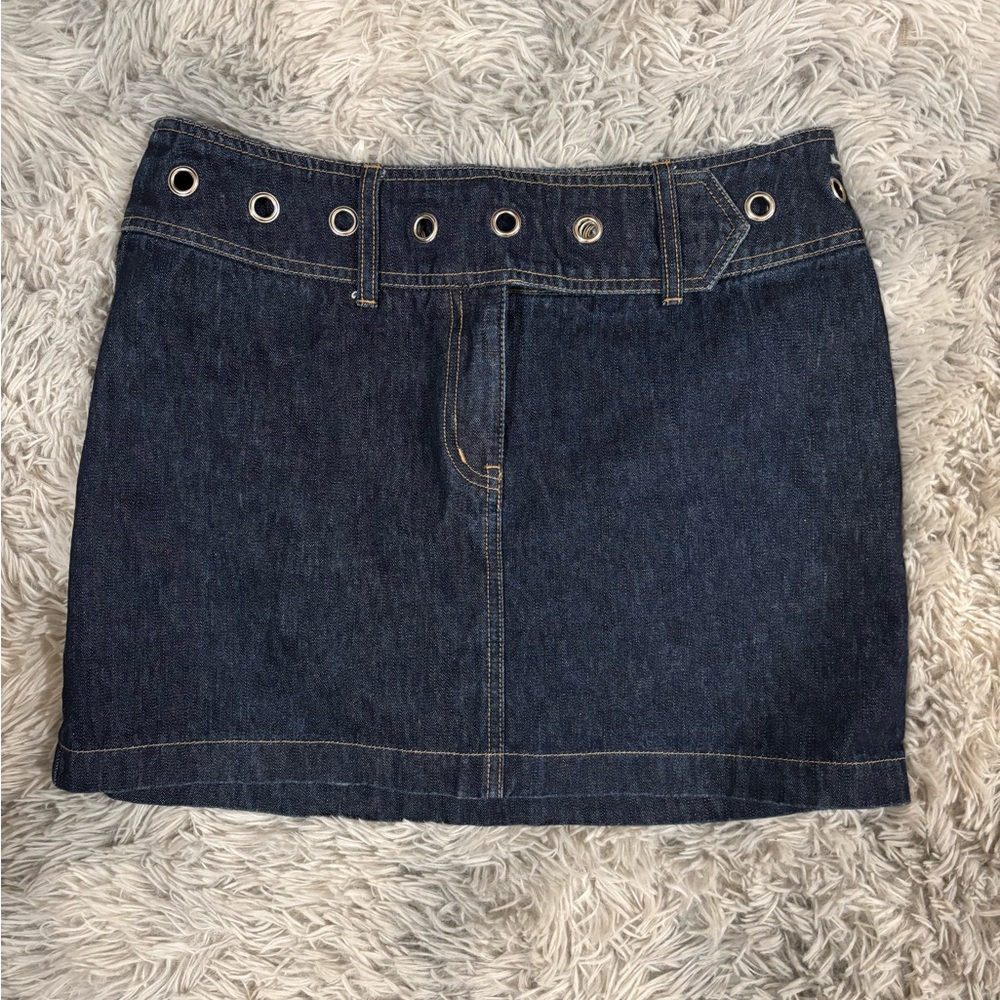 Classic Blue Denim Mini Skirt with Grommet Accents